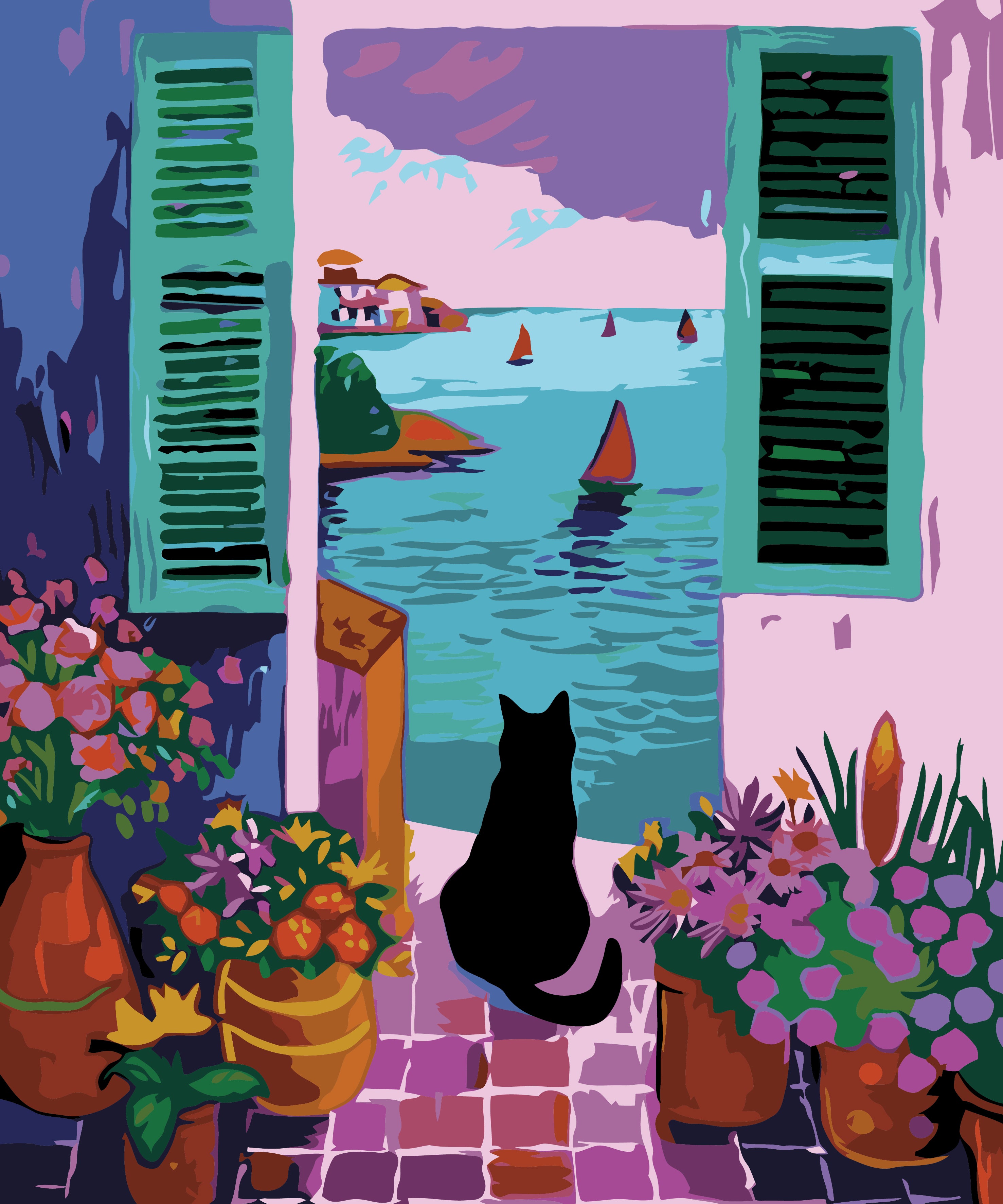 Le chat et le bateau | Peinture aux numéros